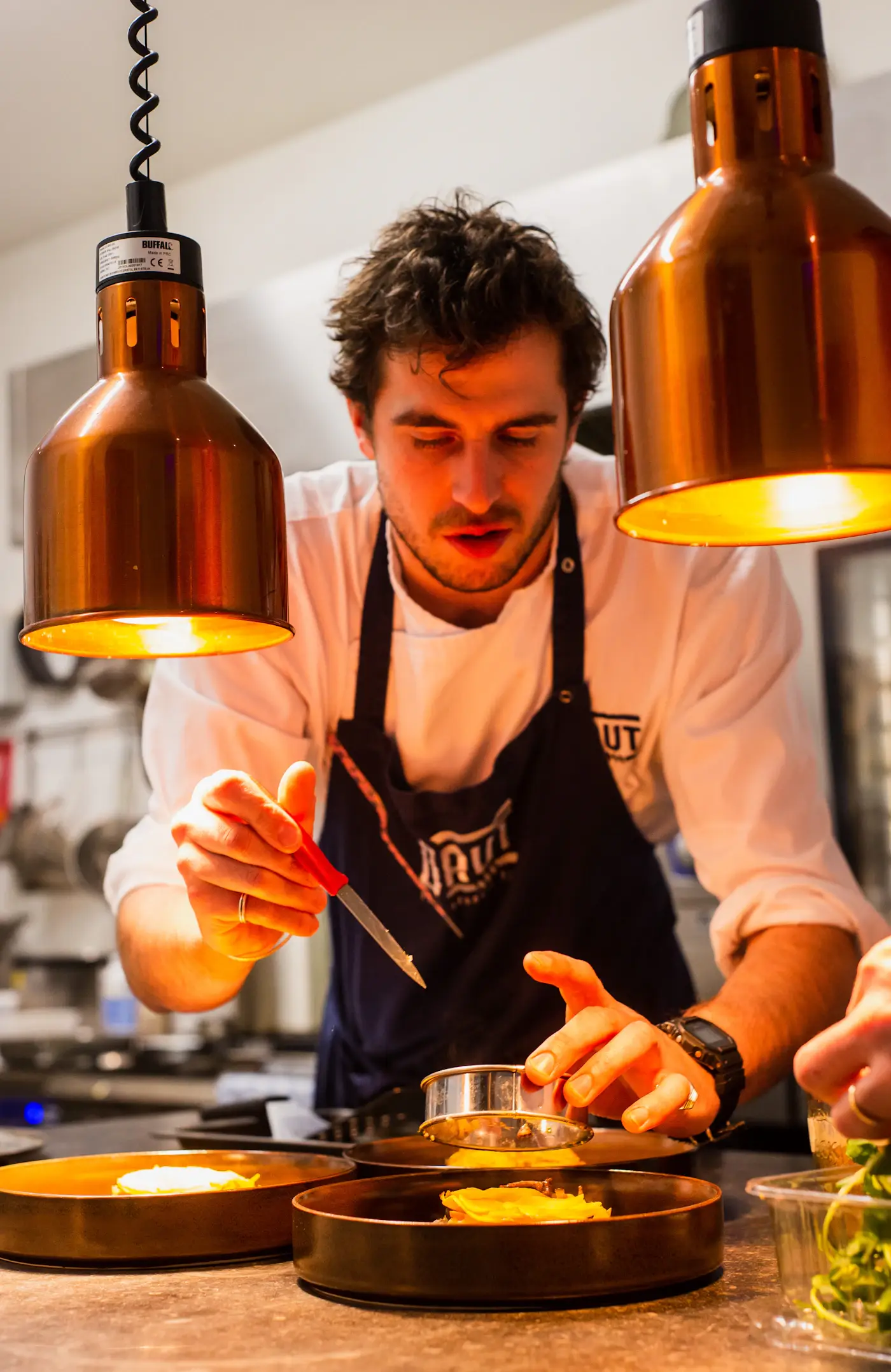 A chef carefully plating dishes for guests