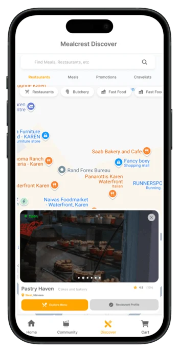 A screenshot of Mealcrest platform showing discovery of food establishments.