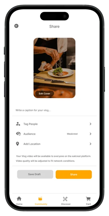 A screenshot of Mealcrest platform showing food vlog posting.