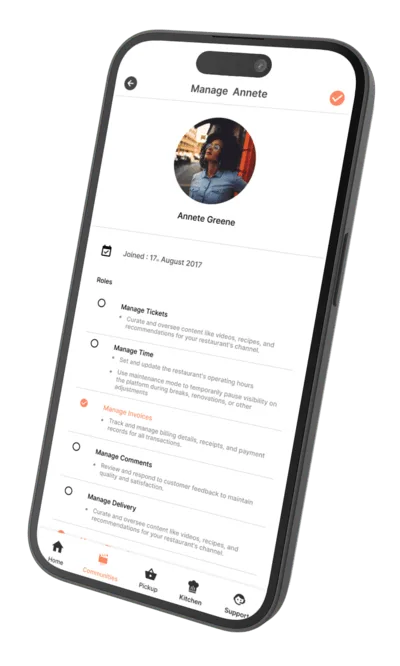 A screenshot of Mealcrest platform showing restaurant staff management.